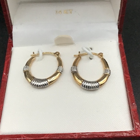 Fancy 14k yellow and white Gold Hoops Earrings - Picture 1 of 5